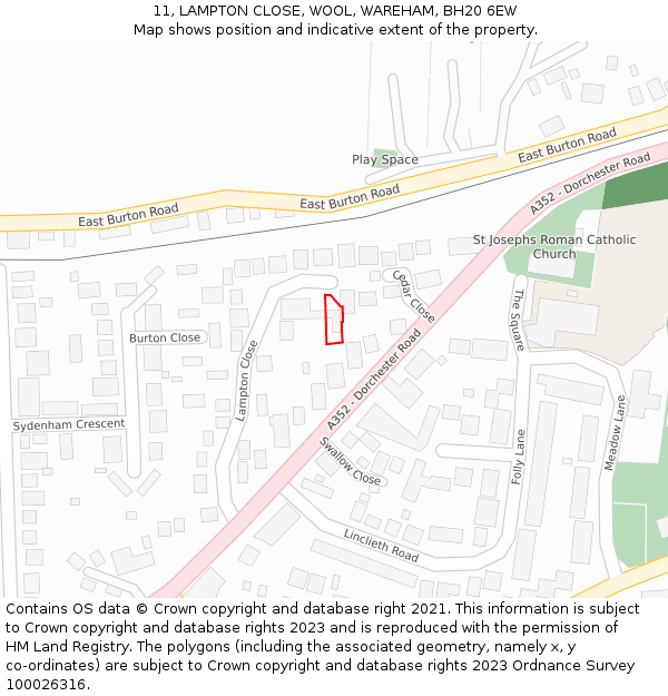 11, LAMPTON CLOSE, WOOL, WAREHAM, BH20 6EW: Location map and indicative extent of plot