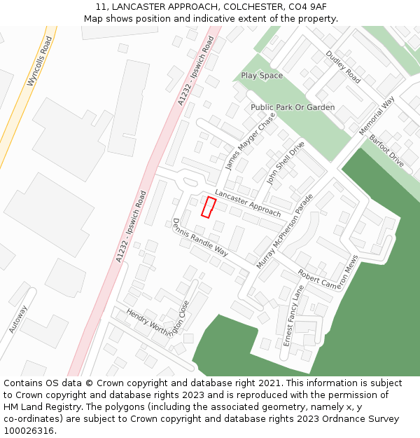 11, LANCASTER APPROACH, COLCHESTER, CO4 9AF: Location map and indicative extent of plot