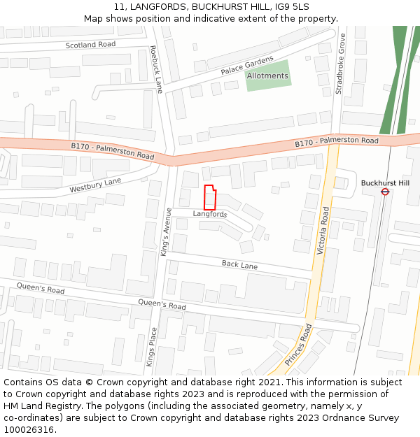 11, LANGFORDS, BUCKHURST HILL, IG9 5LS: Location map and indicative extent of plot