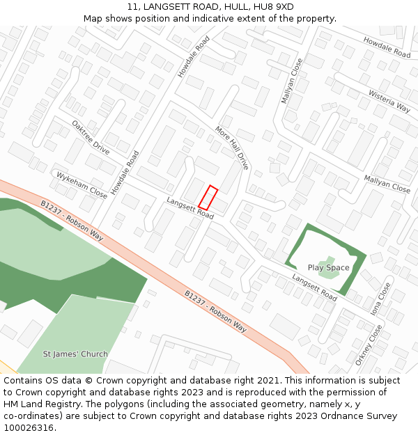 11, LANGSETT ROAD, HULL, HU8 9XD: Location map and indicative extent of plot