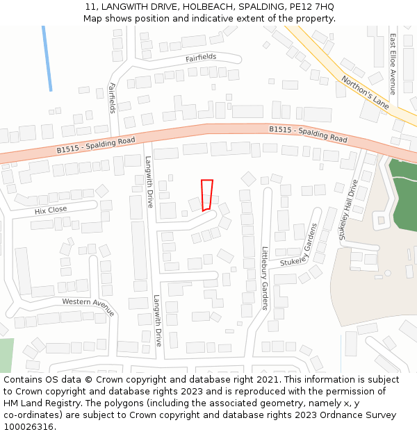 11, LANGWITH DRIVE, HOLBEACH, SPALDING, PE12 7HQ: Location map and indicative extent of plot