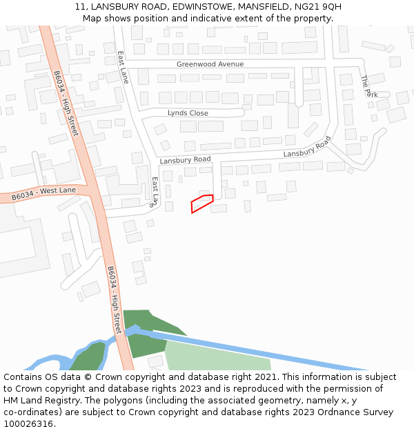 11, LANSBURY ROAD, EDWINSTOWE, MANSFIELD, NG21 9QH: Location map and indicative extent of plot