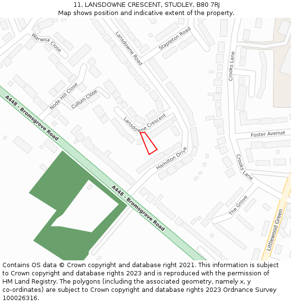 11, LANSDOWNE CRESCENT, STUDLEY, B80 7RJ: Location map and indicative extent of plot