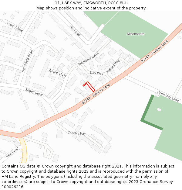 11, LARK WAY, EMSWORTH, PO10 8UU: Location map and indicative extent of plot