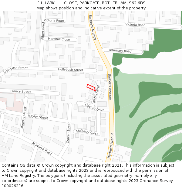 11, LARKHILL CLOSE, PARKGATE, ROTHERHAM, S62 6BS: Location map and indicative extent of plot