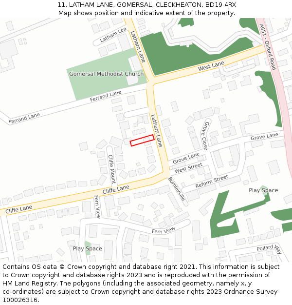 11, LATHAM LANE, GOMERSAL, CLECKHEATON, BD19 4RX: Location map and indicative extent of plot