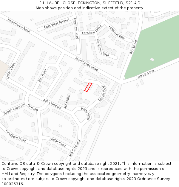 11, LAUREL CLOSE, ECKINGTON, SHEFFIELD, S21 4JD: Location map and indicative extent of plot