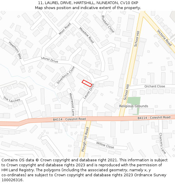 11, LAUREL DRIVE, HARTSHILL, NUNEATON, CV10 0XP: Location map and indicative extent of plot