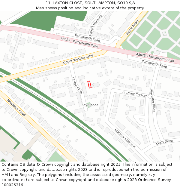 11, LAXTON CLOSE, SOUTHAMPTON, SO19 9JA: Location map and indicative extent of plot