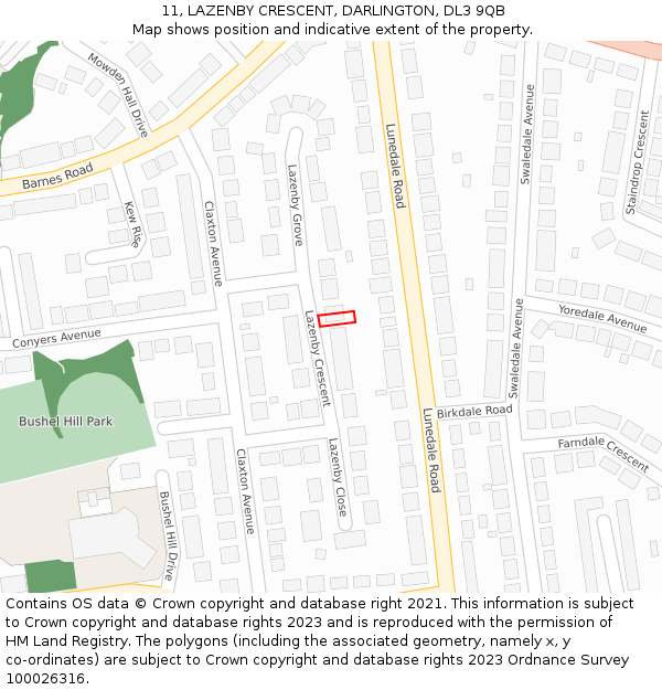 11, LAZENBY CRESCENT, DARLINGTON, DL3 9QB: Location map and indicative extent of plot