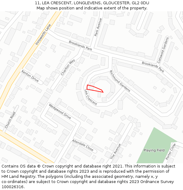 11, LEA CRESCENT, LONGLEVENS, GLOUCESTER, GL2 0DU: Location map and indicative extent of plot