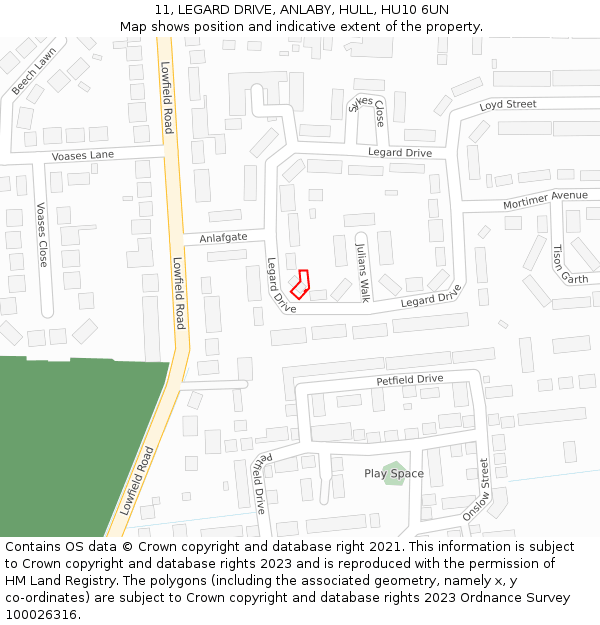 11, LEGARD DRIVE, ANLABY, HULL, HU10 6UN: Location map and indicative extent of plot