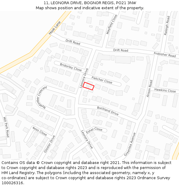 11, LEONORA DRIVE, BOGNOR REGIS, PO21 3NW: Location map and indicative extent of plot