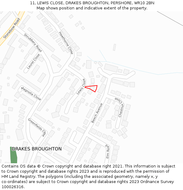 11, LEWIS CLOSE, DRAKES BROUGHTON, PERSHORE, WR10 2BN: Location map and indicative extent of plot