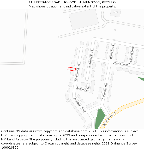 11, LIBERATOR ROAD, UPWOOD, HUNTINGDON, PE26 2PY: Location map and indicative extent of plot