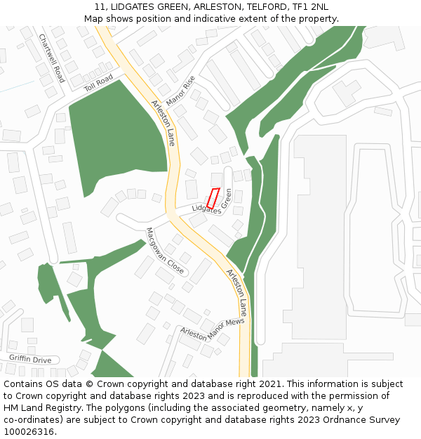 11, LIDGATES GREEN, ARLESTON, TELFORD, TF1 2NL: Location map and indicative extent of plot