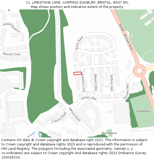 11, LIMESTONE LANE, CHIPPING SODBURY, BRISTOL, BS37 6FL: Location map and indicative extent of plot