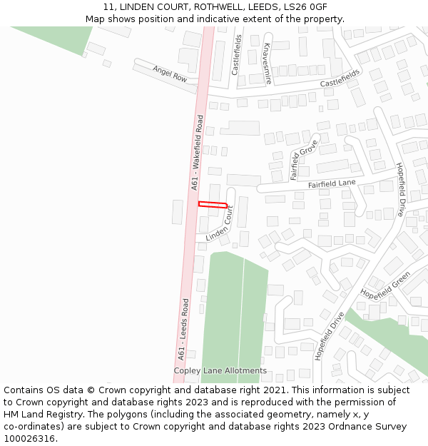 11, LINDEN COURT, ROTHWELL, LEEDS, LS26 0GF: Location map and indicative extent of plot