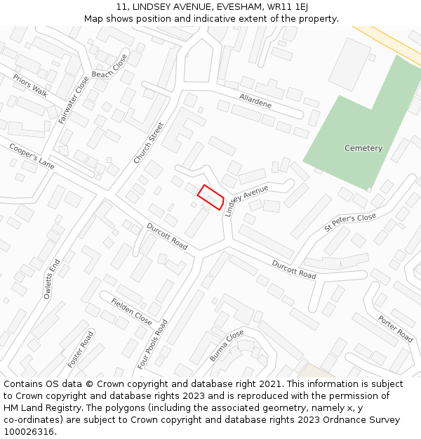 11, LINDSEY AVENUE, EVESHAM, WR11 1EJ: Location map and indicative extent of plot