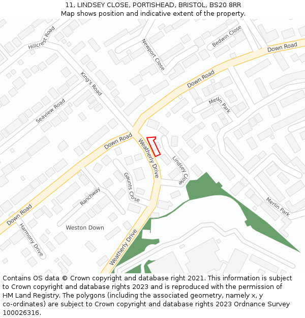 11, LINDSEY CLOSE, PORTISHEAD, BRISTOL, BS20 8RR: Location map and indicative extent of plot