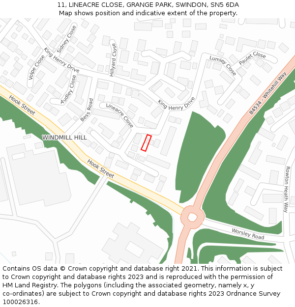 11, LINEACRE CLOSE, GRANGE PARK, SWINDON, SN5 6DA: Location map and indicative extent of plot