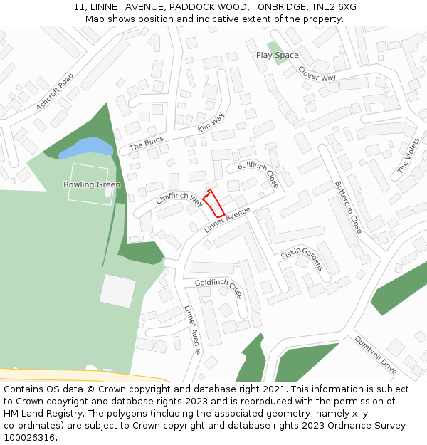 11, LINNET AVENUE, PADDOCK WOOD, TONBRIDGE, TN12 6XG: Location map and indicative extent of plot