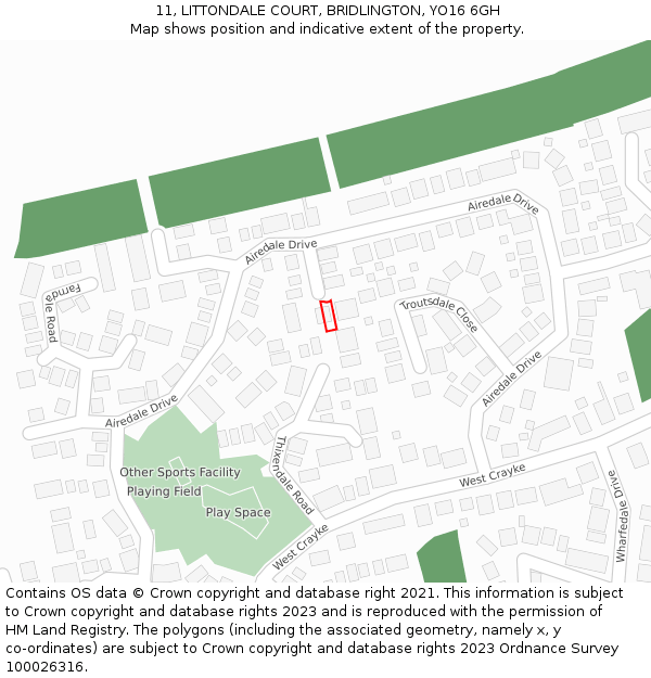 11, LITTONDALE COURT, BRIDLINGTON, YO16 6GH: Location map and indicative extent of plot