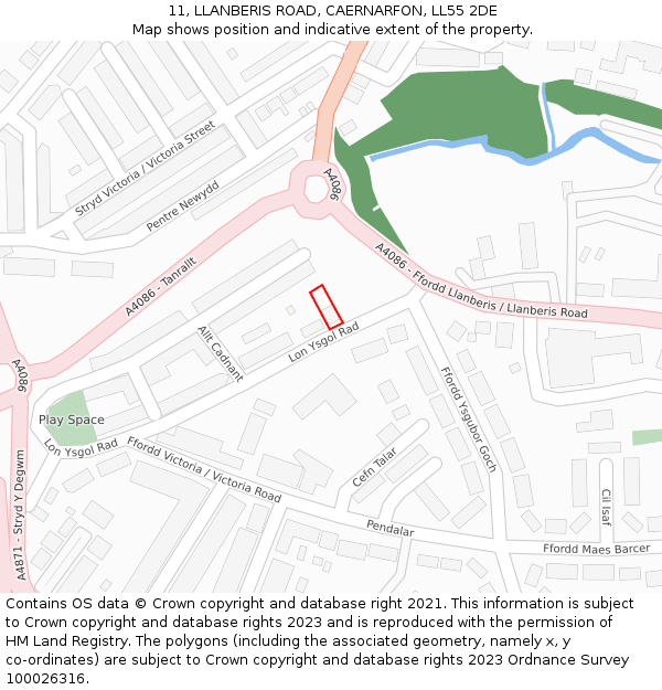 11, LLANBERIS ROAD, CAERNARFON, LL55 2DE: Location map and indicative extent of plot