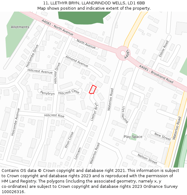 11, LLETHYR BRYN, LLANDRINDOD WELLS, LD1 6BB: Location map and indicative extent of plot