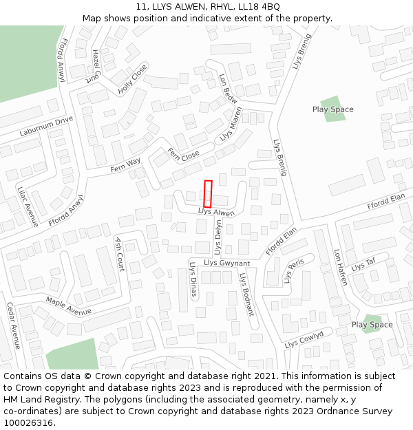 11, LLYS ALWEN, RHYL, LL18 4BQ: Location map and indicative extent of plot