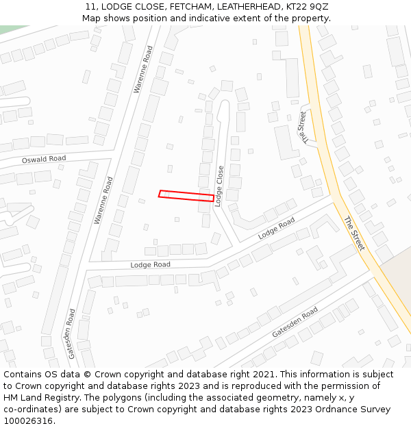 11, LODGE CLOSE, FETCHAM, LEATHERHEAD, KT22 9QZ: Location map and indicative extent of plot