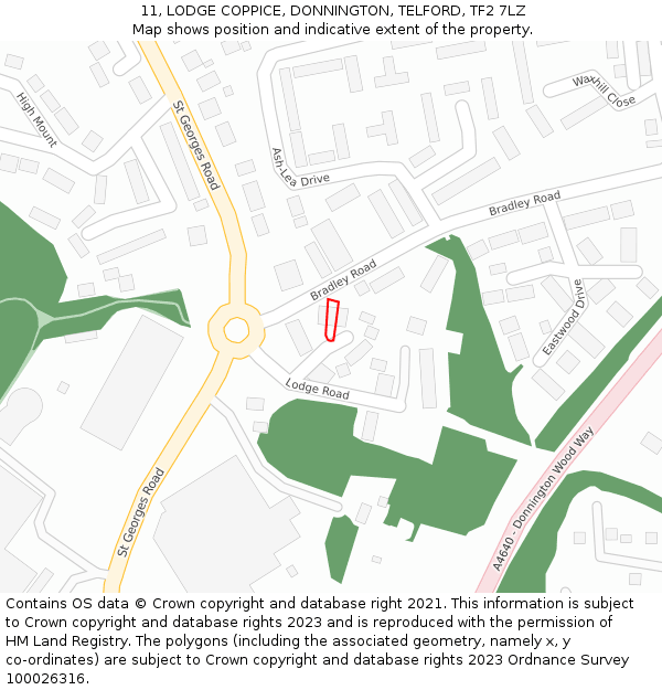 11, LODGE COPPICE, DONNINGTON, TELFORD, TF2 7LZ: Location map and indicative extent of plot