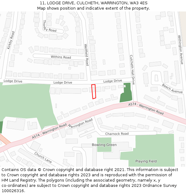 11, LODGE DRIVE, CULCHETH, WARRINGTON, WA3 4ES: Location map and indicative extent of plot