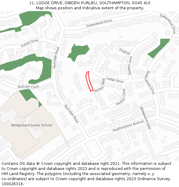 11, LODGE DRIVE, DIBDEN PURLIEU, SOUTHAMPTON, SO45 4LX: Location map and indicative extent of plot