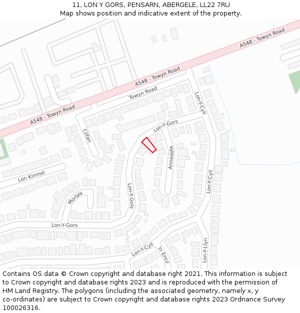 11, LON Y GORS, PENSARN, ABERGELE, LL22 7RU: Location map and indicative extent of plot