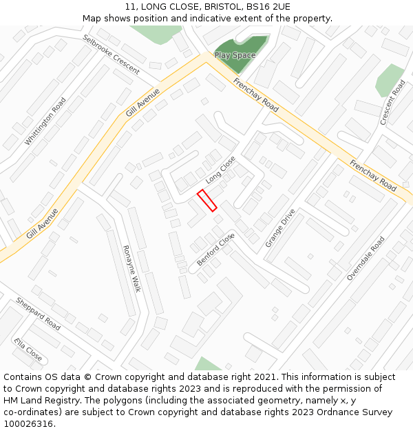 11, LONG CLOSE, BRISTOL, BS16 2UE: Location map and indicative extent of plot
