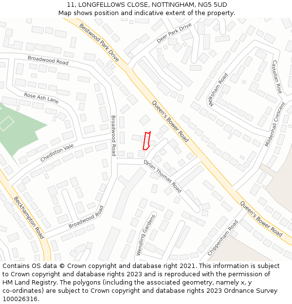 11, LONGFELLOWS CLOSE, NOTTINGHAM, NG5 5UD: Location map and indicative extent of plot