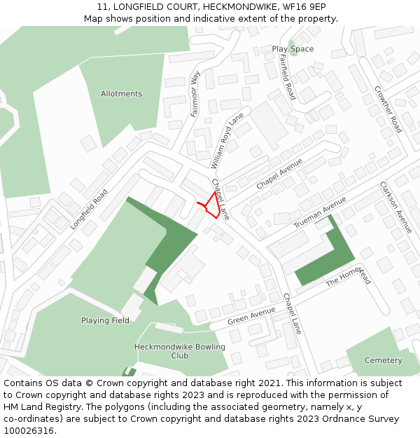 11, LONGFIELD COURT, HECKMONDWIKE, WF16 9EP: Location map and indicative extent of plot