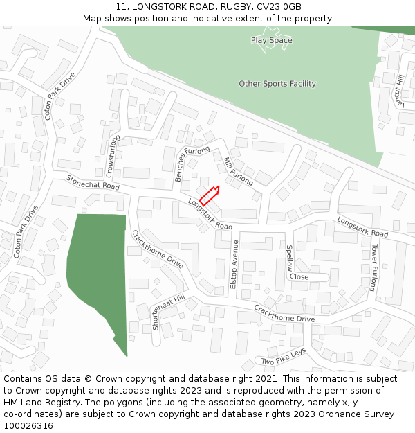 11, LONGSTORK ROAD, RUGBY, CV23 0GB: Location map and indicative extent of plot