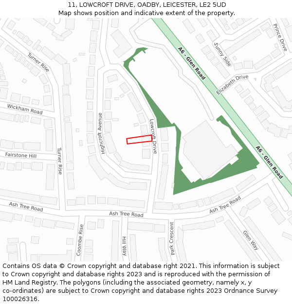 11, LOWCROFT DRIVE, OADBY, LEICESTER, LE2 5UD: Location map and indicative extent of plot