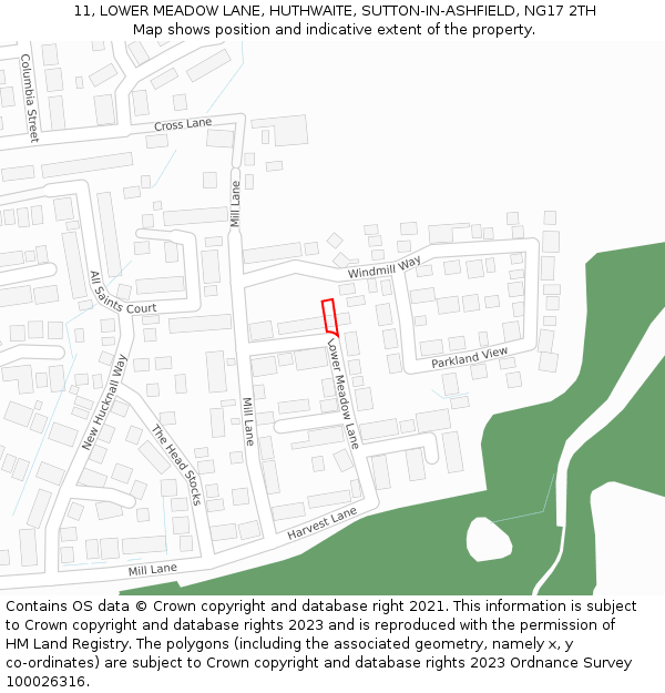 11, LOWER MEADOW LANE, HUTHWAITE, SUTTON-IN-ASHFIELD, NG17 2TH: Location map and indicative extent of plot