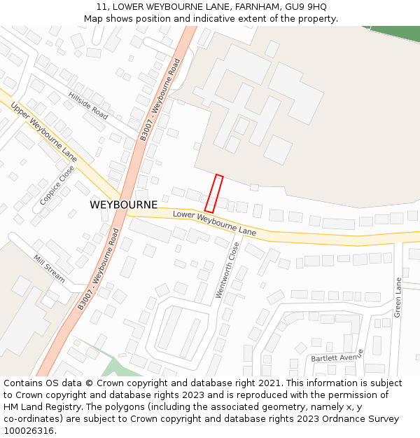 11, LOWER WEYBOURNE LANE, FARNHAM, GU9 9HQ: Location map and indicative extent of plot