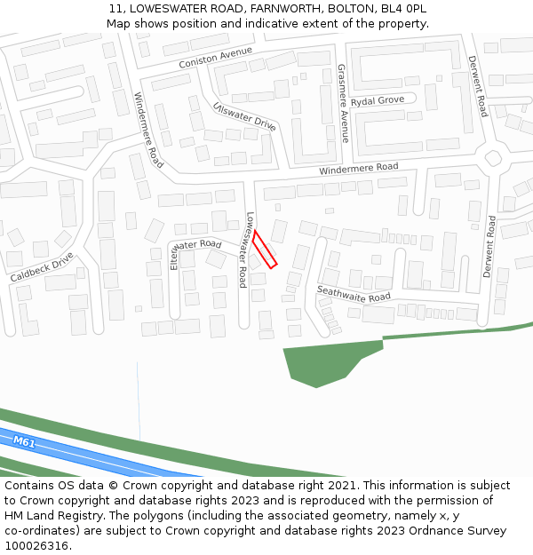 11, LOWESWATER ROAD, FARNWORTH, BOLTON, BL4 0PL: Location map and indicative extent of plot