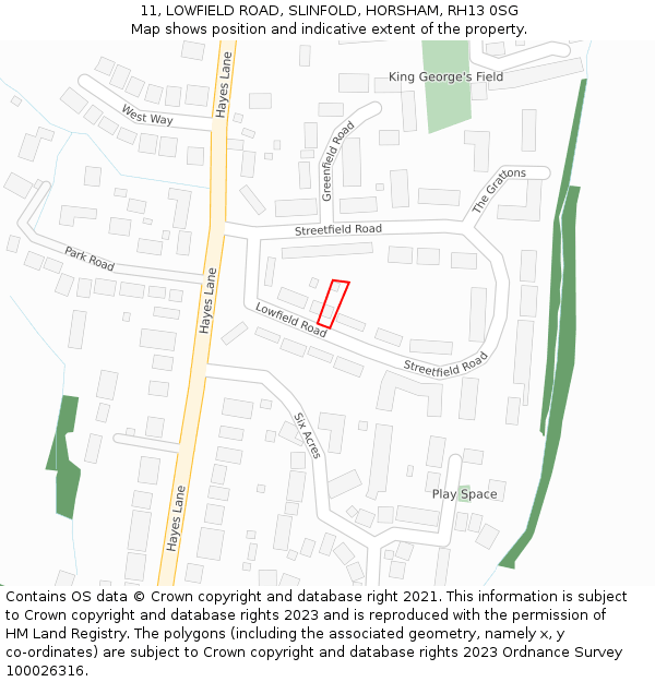 11, LOWFIELD ROAD, SLINFOLD, HORSHAM, RH13 0SG: Location map and indicative extent of plot