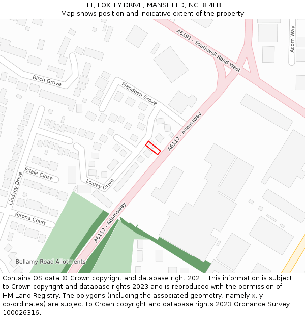 11, LOXLEY DRIVE, MANSFIELD, NG18 4FB: Location map and indicative extent of plot