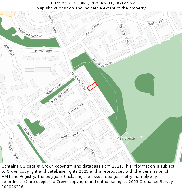 11, LYSANDER DRIVE, BRACKNELL, RG12 9NZ: Location map and indicative extent of plot