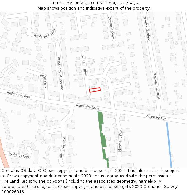 11, LYTHAM DRIVE, COTTINGHAM, HU16 4QN: Location map and indicative extent of plot