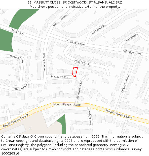 11, MABBUTT CLOSE, BRICKET WOOD, ST ALBANS, AL2 3RZ: Location map and indicative extent of plot