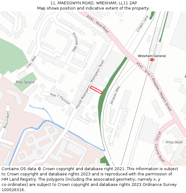 11, MAESGWYN ROAD, WREXHAM, LL11 2AP: Location map and indicative extent of plot