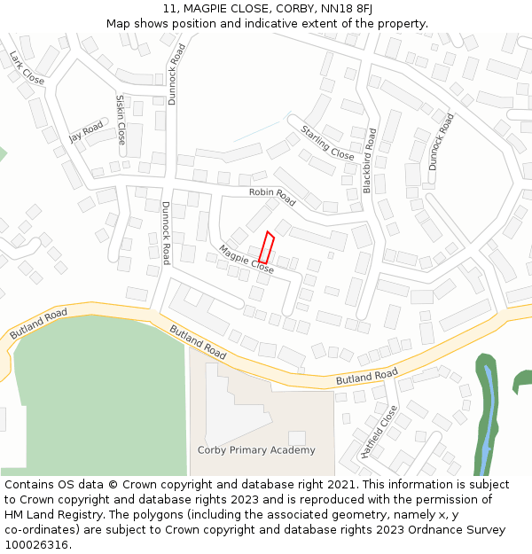 11, MAGPIE CLOSE, CORBY, NN18 8FJ: Location map and indicative extent of plot